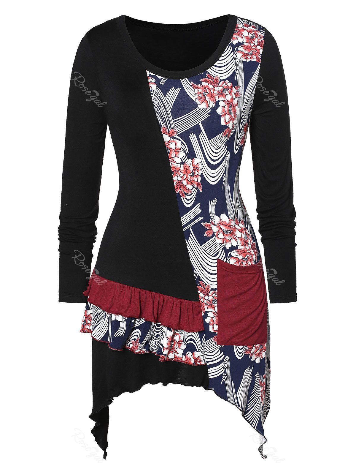 

Floral Print Flounce Asymmetrical Plus Size T-shirt, Black