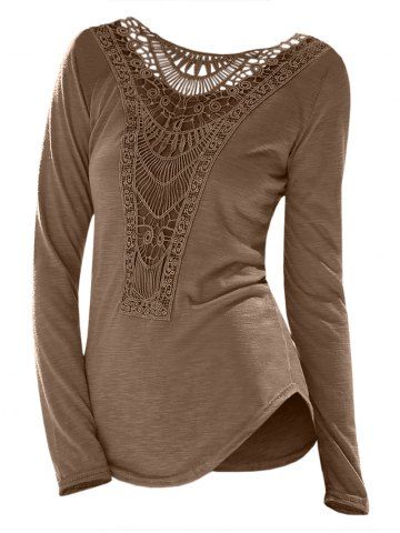 Casual Scoop Neck Hollow Out Crochet Spliced Solid Color T-Shirt For Women