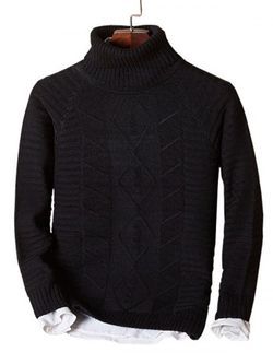 Solid Turtleneck Cable Knit Sweater - BLACK - S