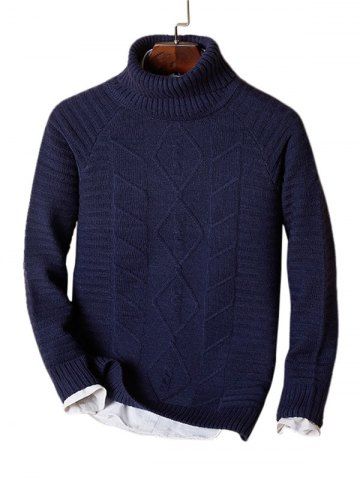 Solid Turtleneck Cable Knit Sweater - BLUE - S
