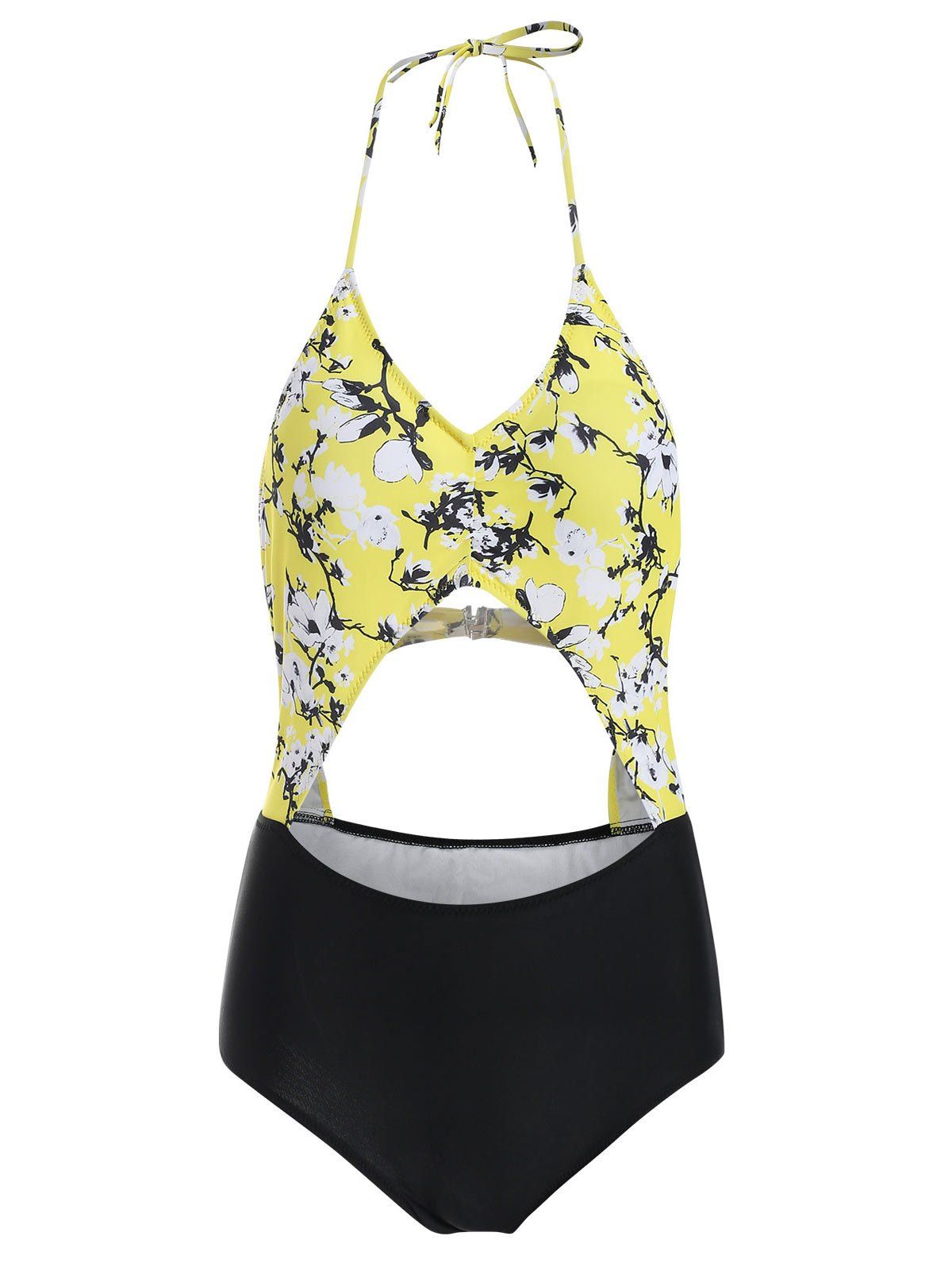 

Halter Backless Cut Out Floral Print Swimwear, Yellow
