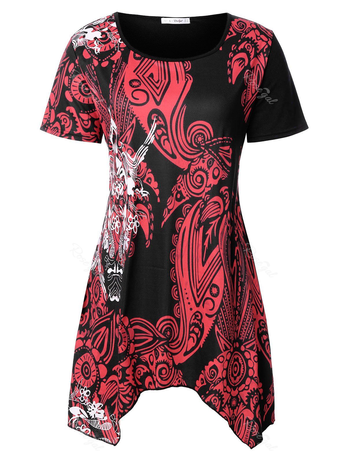 

Plus Size Ethnic Print Asymmetrical T-shirt, Red wine