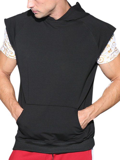 

Letters Print Kangaroo Pocket Hooded Tank Top, Black
