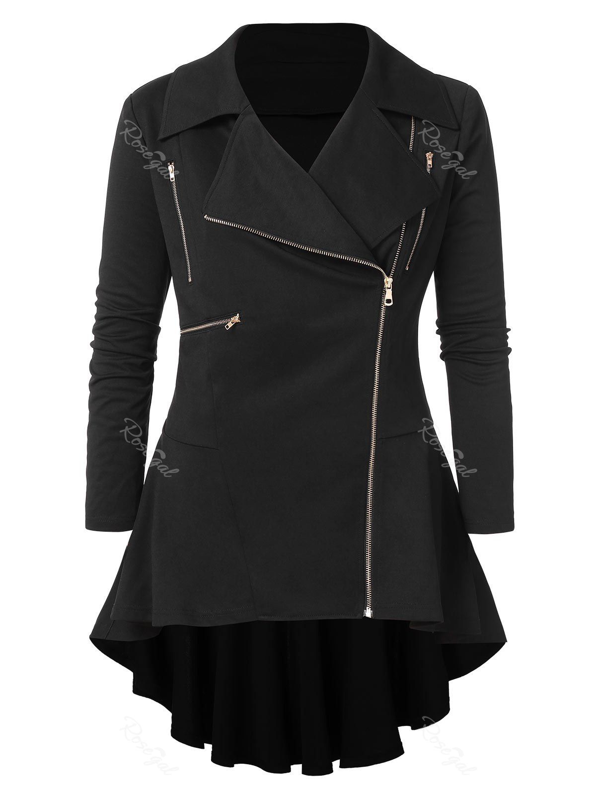 

Plus Size Zipper Embellished High Low Coat, Black
