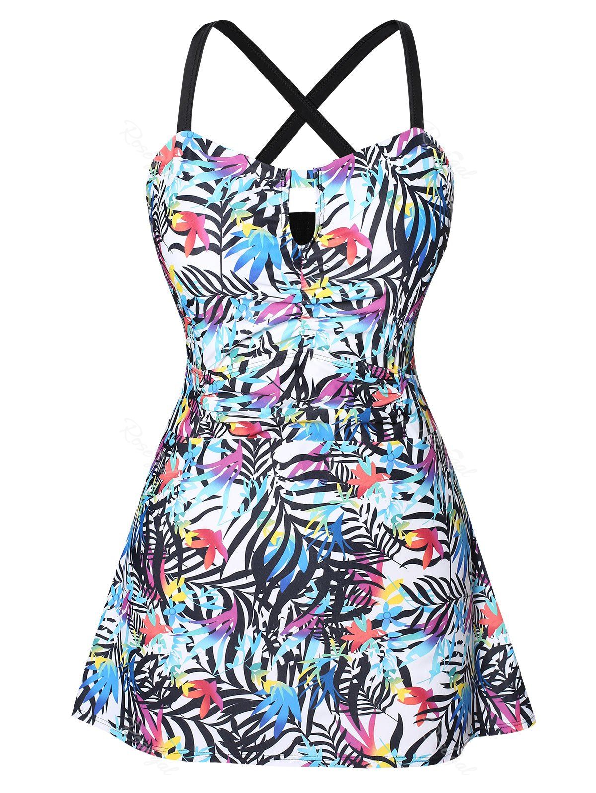 

Plus Size Criss Cross Palm Print Skirted Tankini Set, Multi