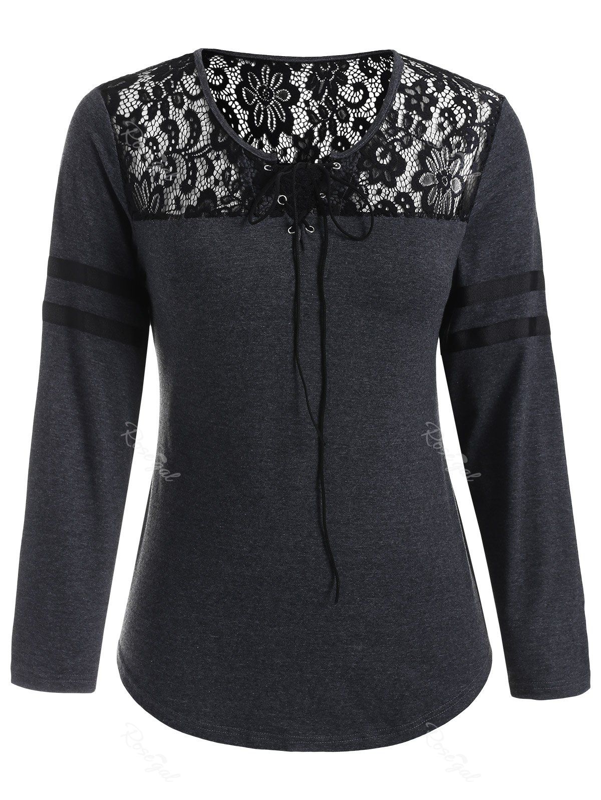 

Long Sleeve Plus Size Lace Insert Tee, Ash gray