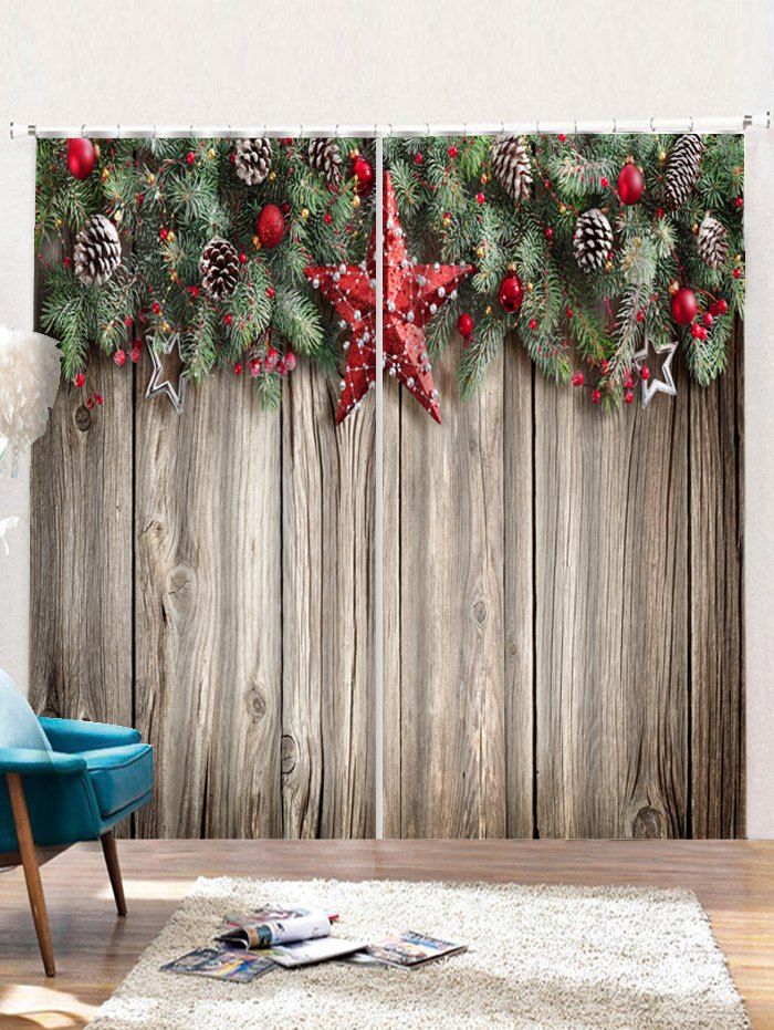 

2PCS Christmas Wooden Star Print Window Curtains, Tan
