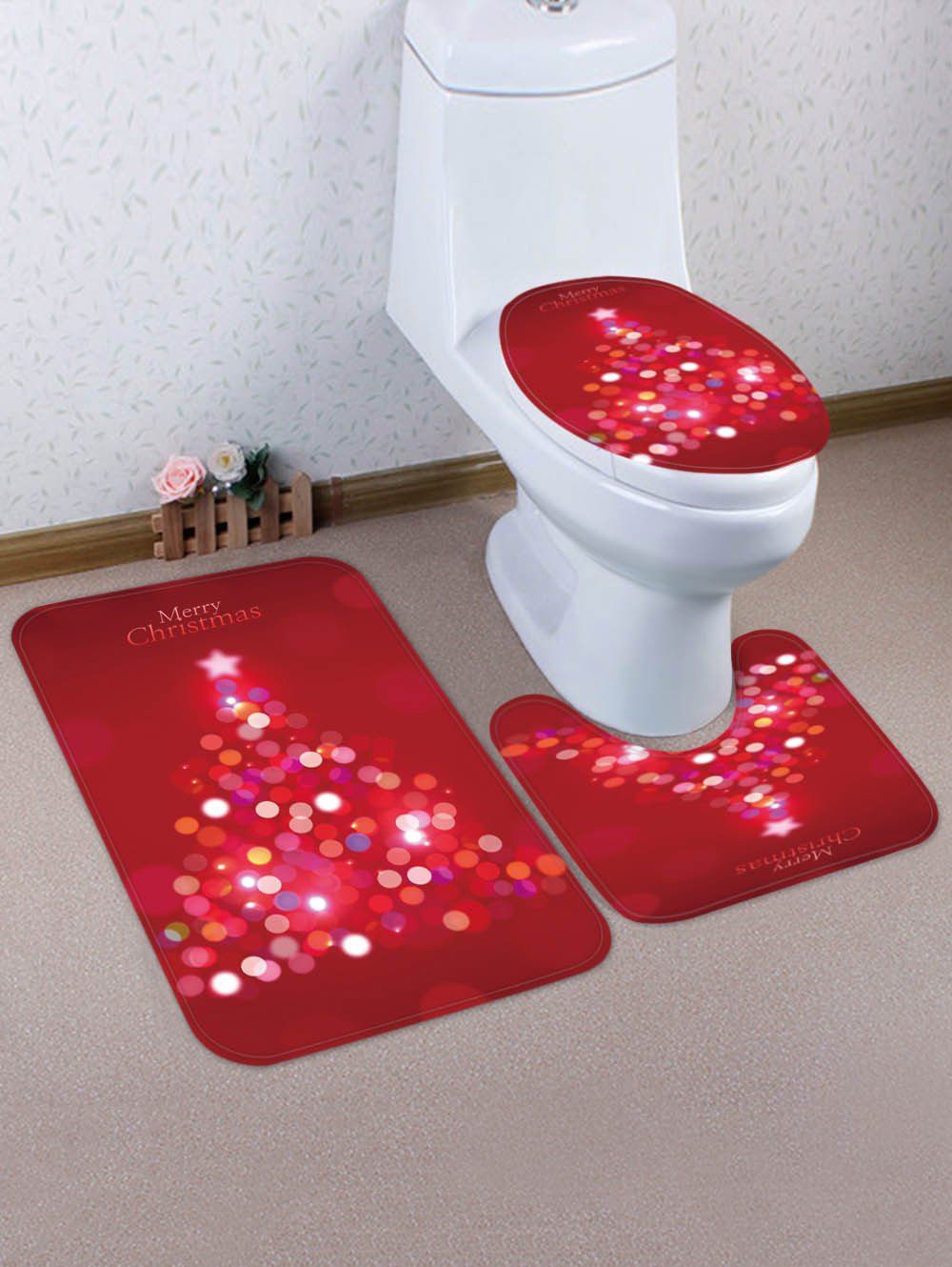 

Merry Christmas 3 Pcs Bathroom Toilet Mat, Cherry red