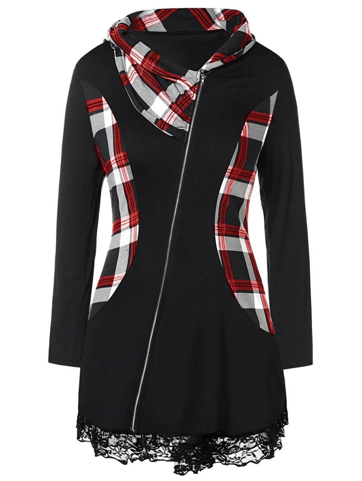 

Plus Size Lace Insert Plaid Zip Fly Coat, Red
