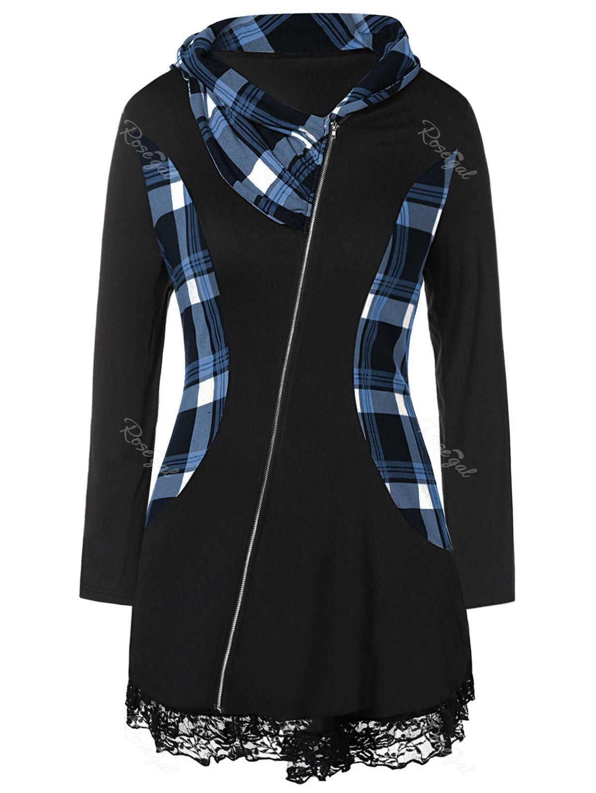 

Plus Size Lace Insert Plaid Zip Fly Coat, Blue