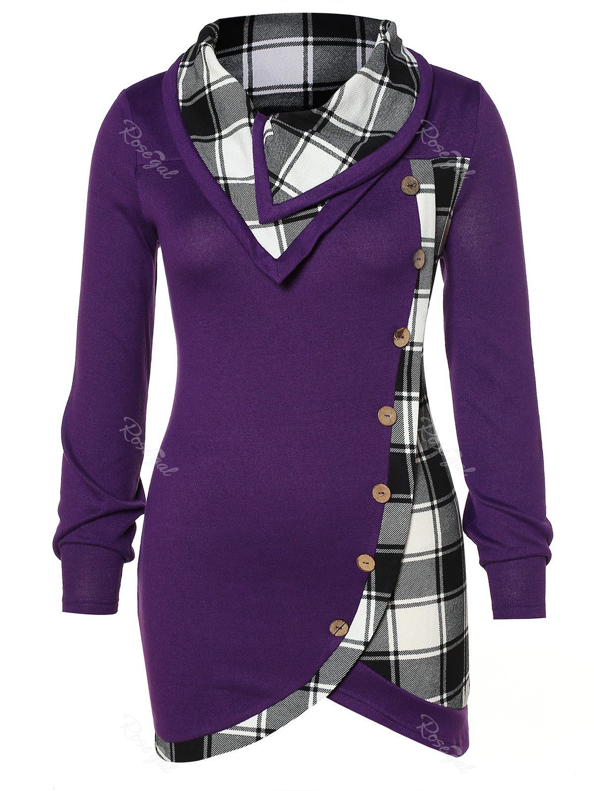 

Plus Size Skew Button Plaid Spliced Tulip Front T-shirt, Purple iris