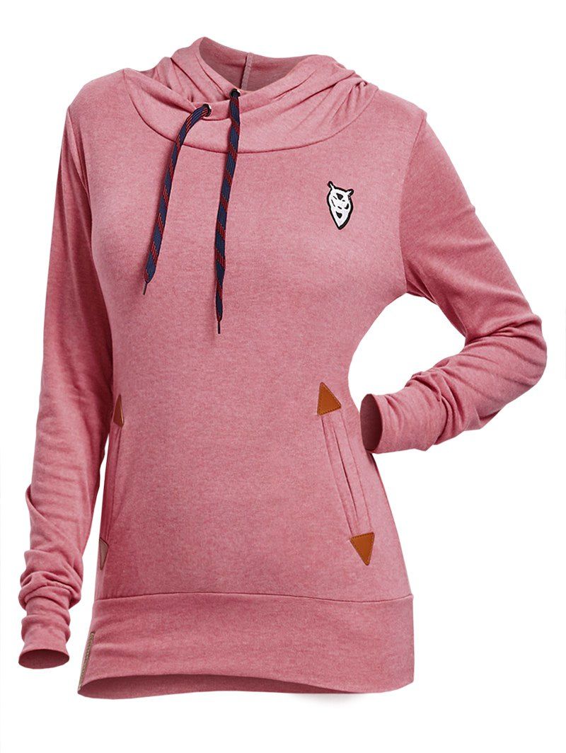 

Drawstring Pocket Design Embroidered Hoodie, Pink
