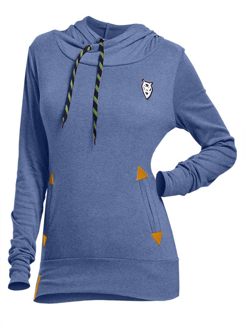 

Drawstring Pocket Design Embroidered Hoodie, Purplish blue
