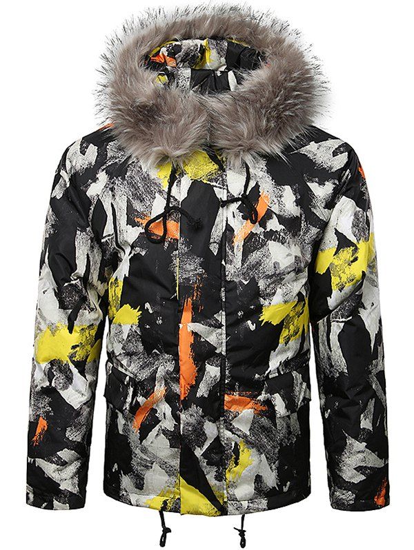 

Paint Splatter Fur Hooded Drawstring Design Padded Jacket, Yellow