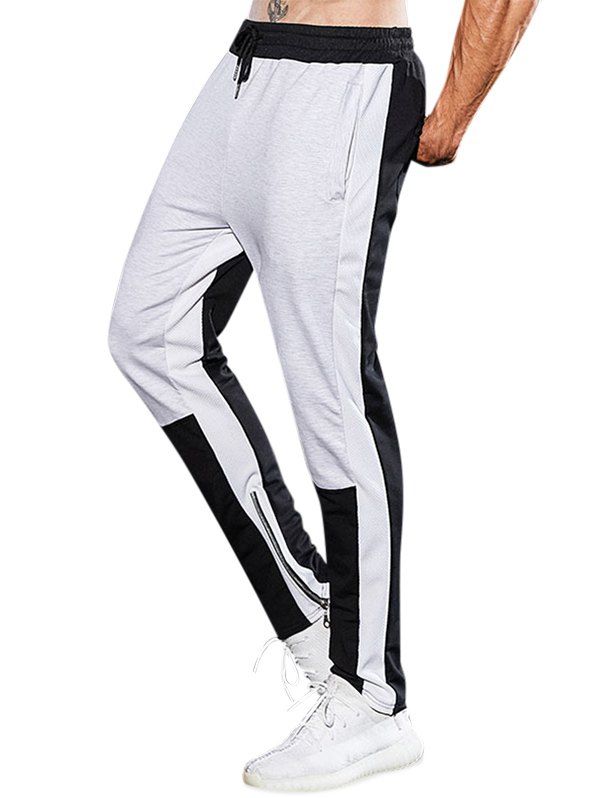 

Contrast Color Zipper Drawstring Casual Pants, White