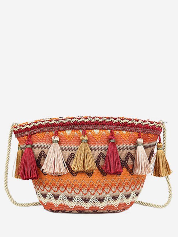 Ethnic Knitted Ripple Pattern Tassel Bag