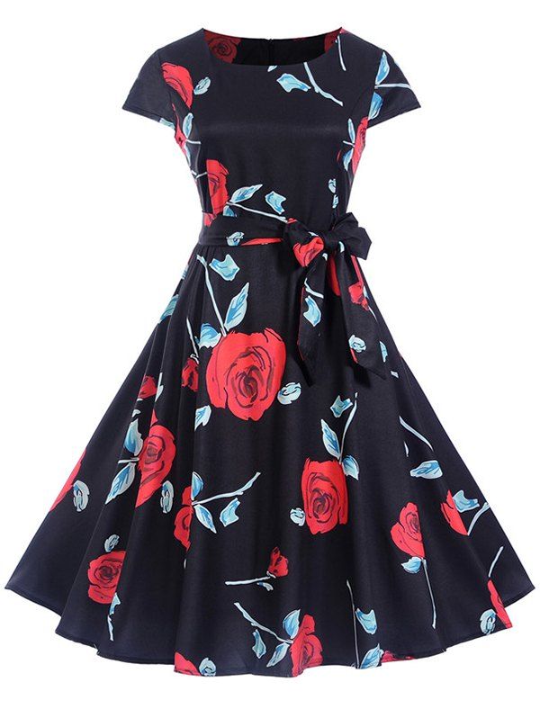 

Retro Floral Print Belted Flare Dress, Red