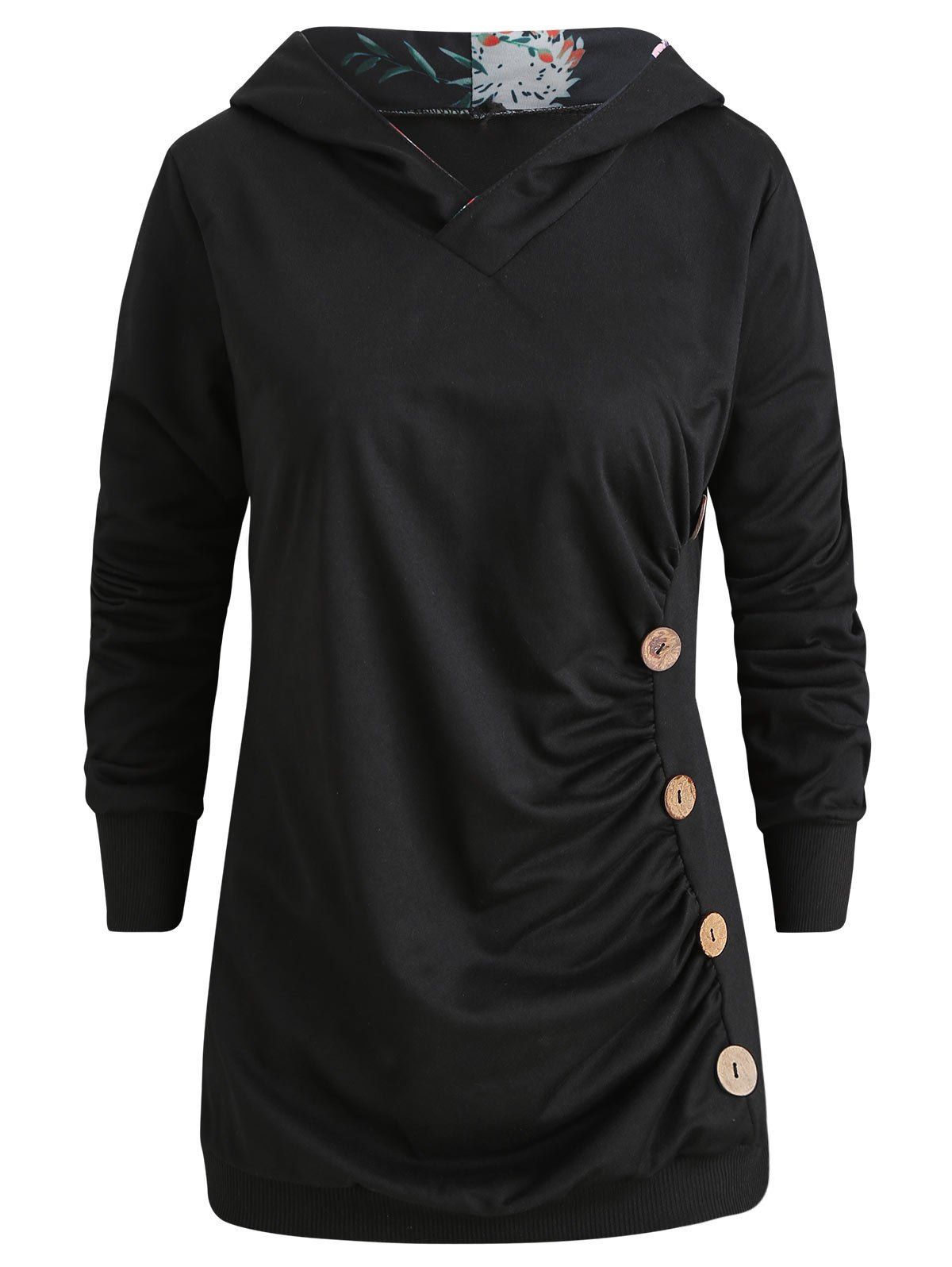 

Long Sleeve Ruched Button Hoodie, Black