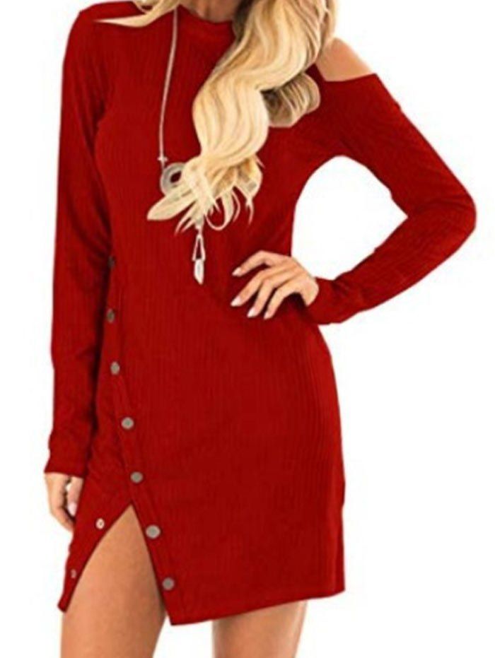 

Knit Cut Out Long Sleeve Bodycon Dress, Red