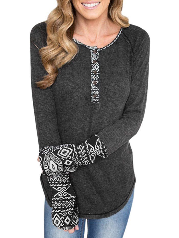 

Raglan Sleeve Panel Half Button Top, Gray