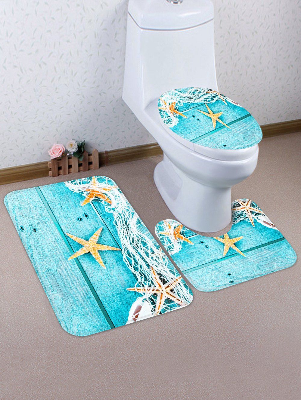 

Starfish Wooden Printed 3 Pcs Bathroom Toilet Mat, Blue zircon