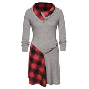 

Plus Size Plaid Patchwork Buttons Funnel Collar Dress, White