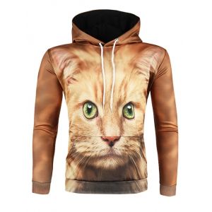 

3D Cat Print Pullover Drawstring Hoodie, Light brown