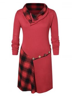 Plus Size Plaid Patchwork Buttons Funnel Collar Dress - RED WINE - 4X