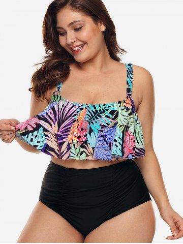 

Leaf Print Plus Size Ruffle Trim Tankini Set, Multi