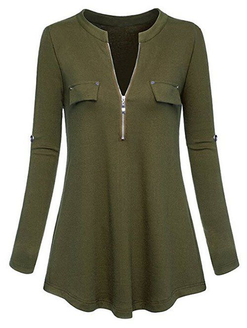 

Half Zip Long Sleeve Casual Top, Army green