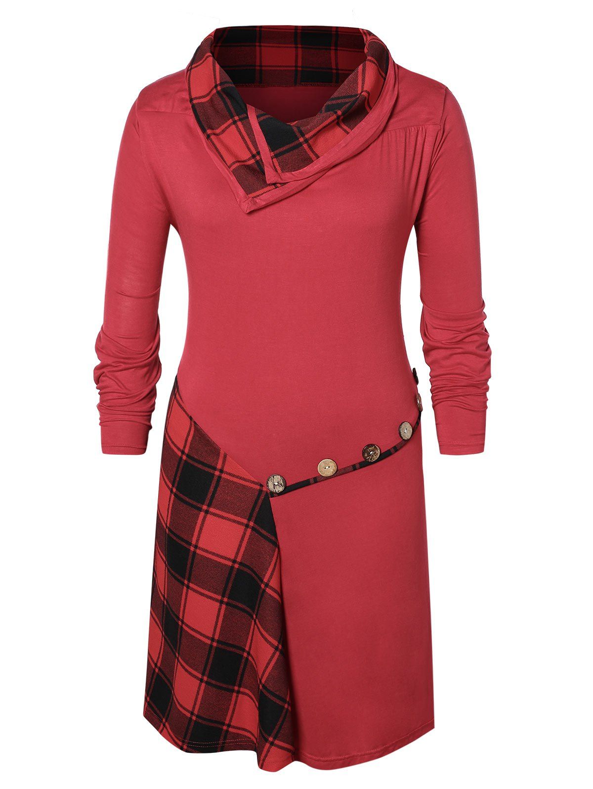 

Plus Size Plaid Patchwork Buttons Funnel Collar Dress, Red wine