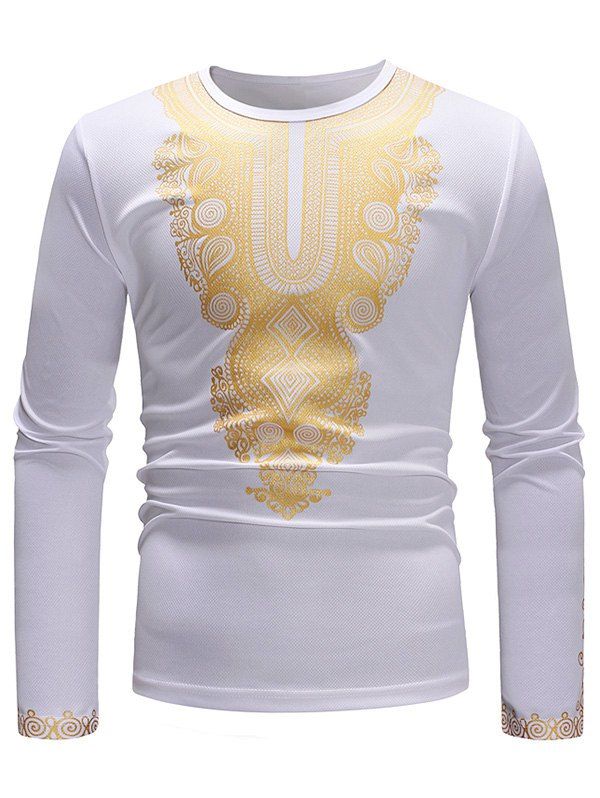 

Golden Geometry Pattern Long Sleeve T-shirt, White