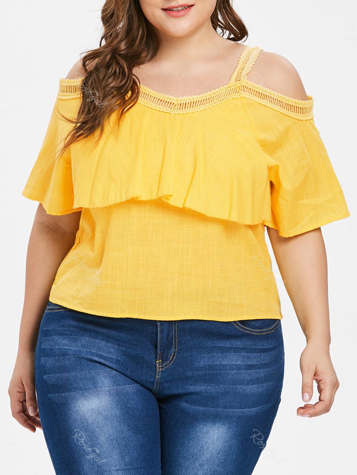 

Lace Panel Plus Size Cold Shoulder Blouse, Sun yellow