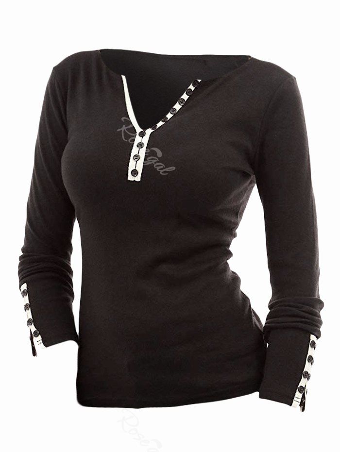 

V Neck Plus Size Button Embellished T-shirt, Black