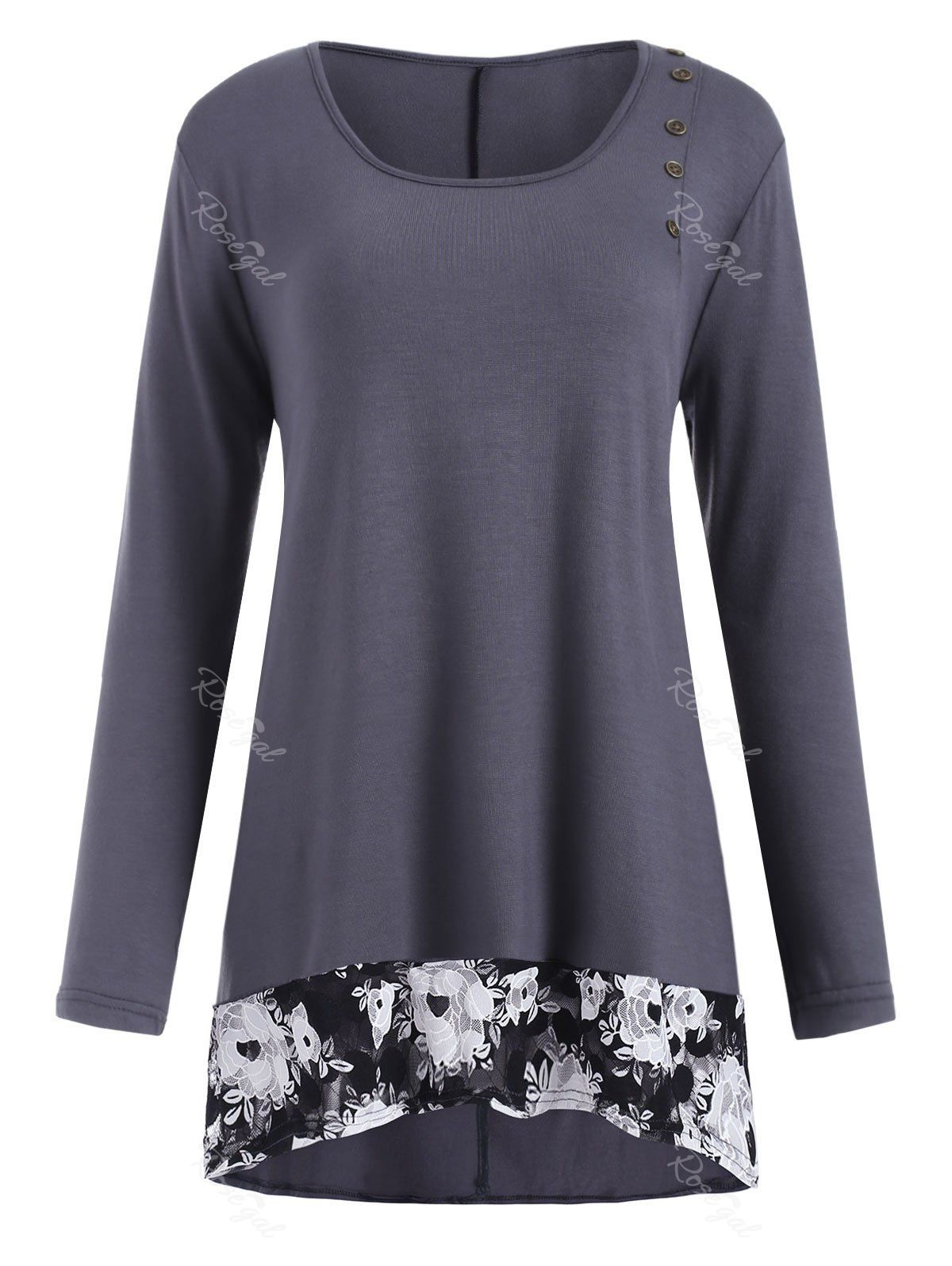 

Plus Size Buttoned Insert High Low T Shirt, Battleship gray