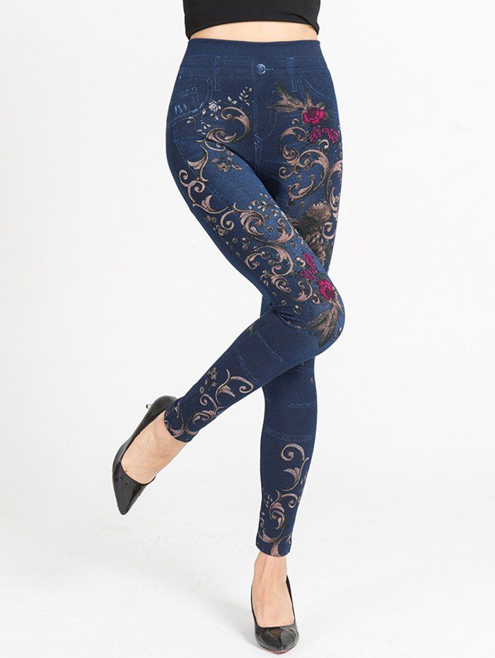 

Rose Print High Waist Leggings, Cadetblue