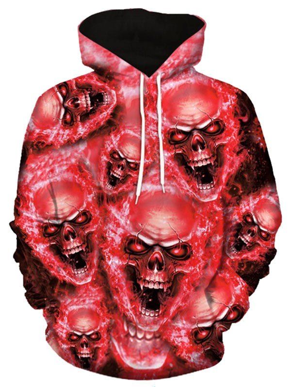 

3D Skulls Print Pullover Drawstring Hoodie, Rosso red