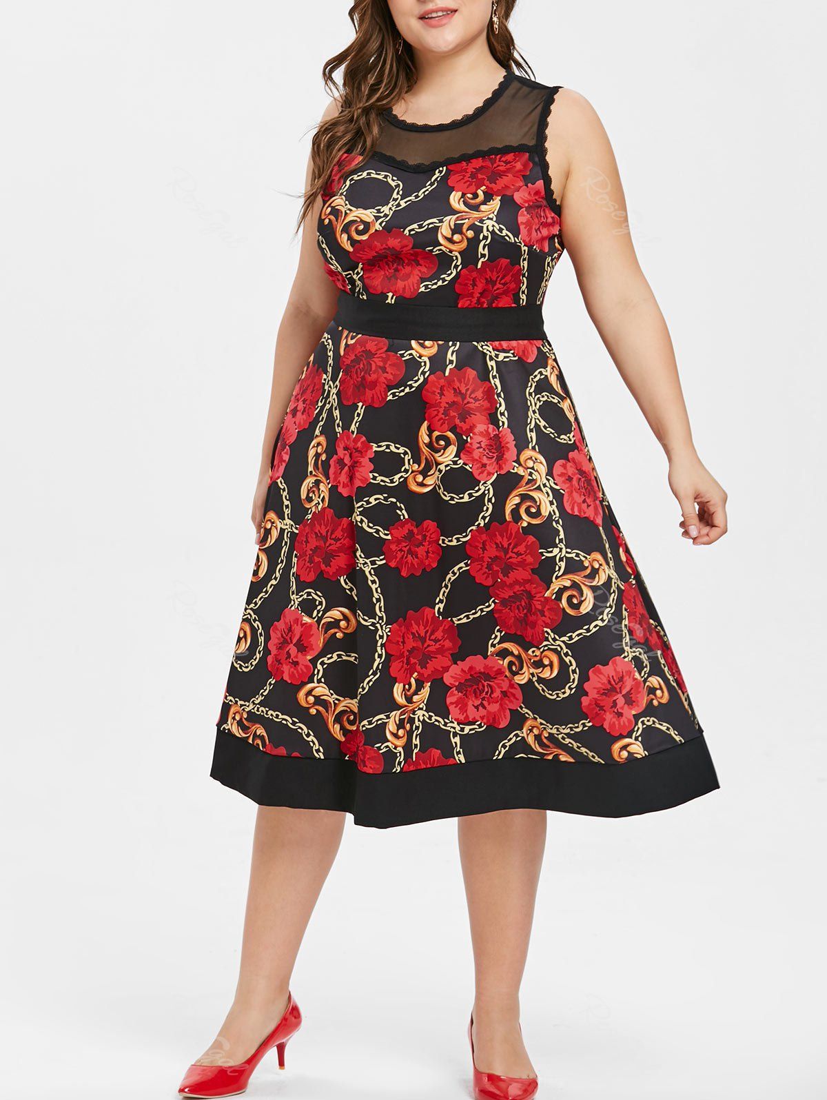 

Plus Size Floral Print Sleeveless Vintage Dress, Black