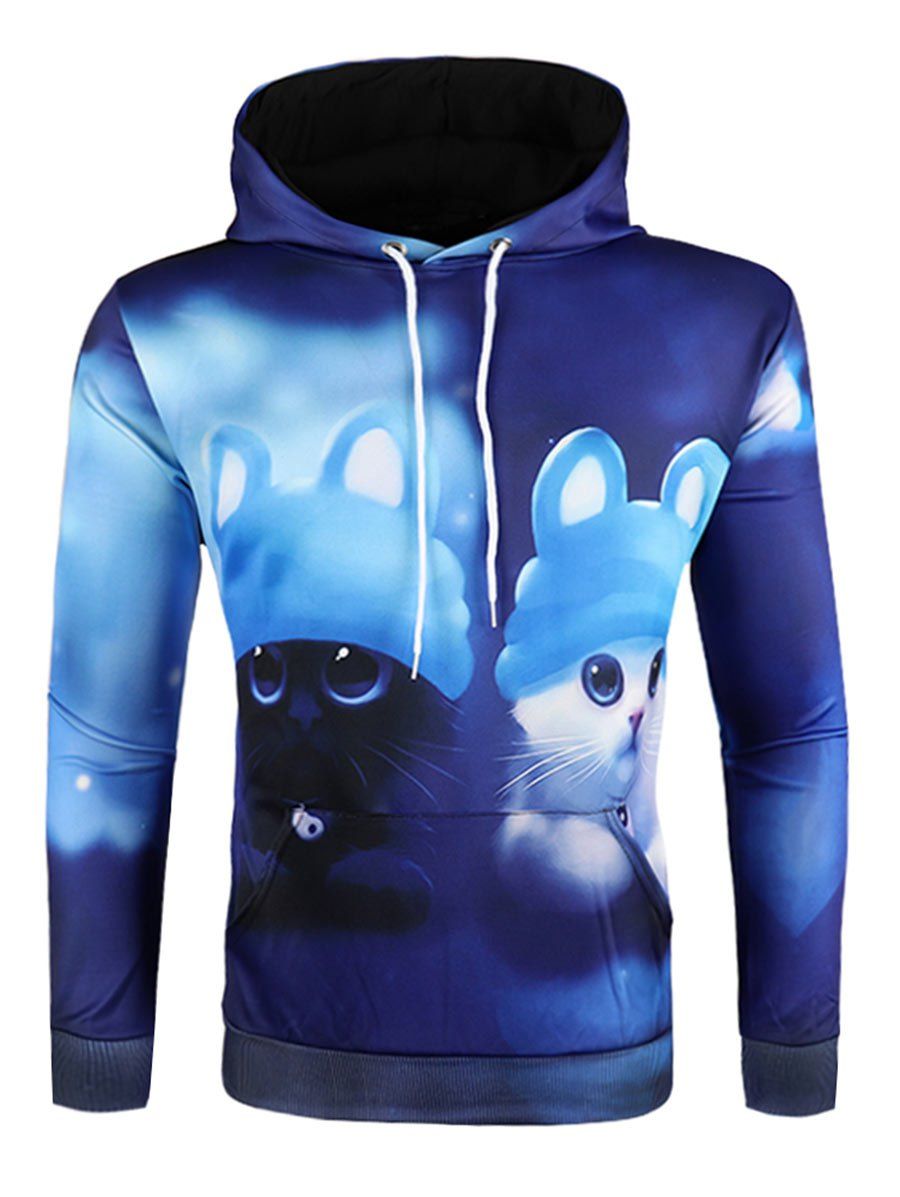 

3D Cartoon Animal Print Pullover Hoodie, Blueberry blue