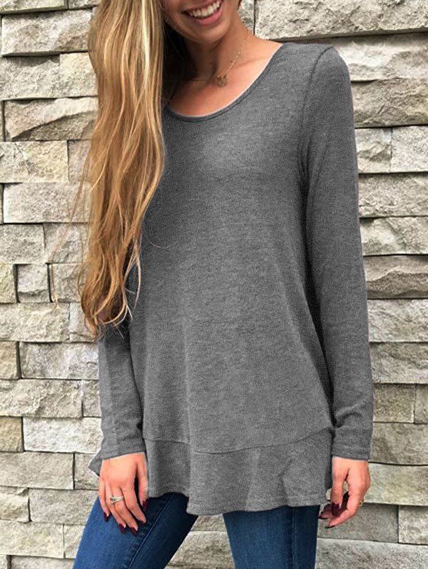

Ruffle Openwork Panel Long Sleeve Top, Dark gray