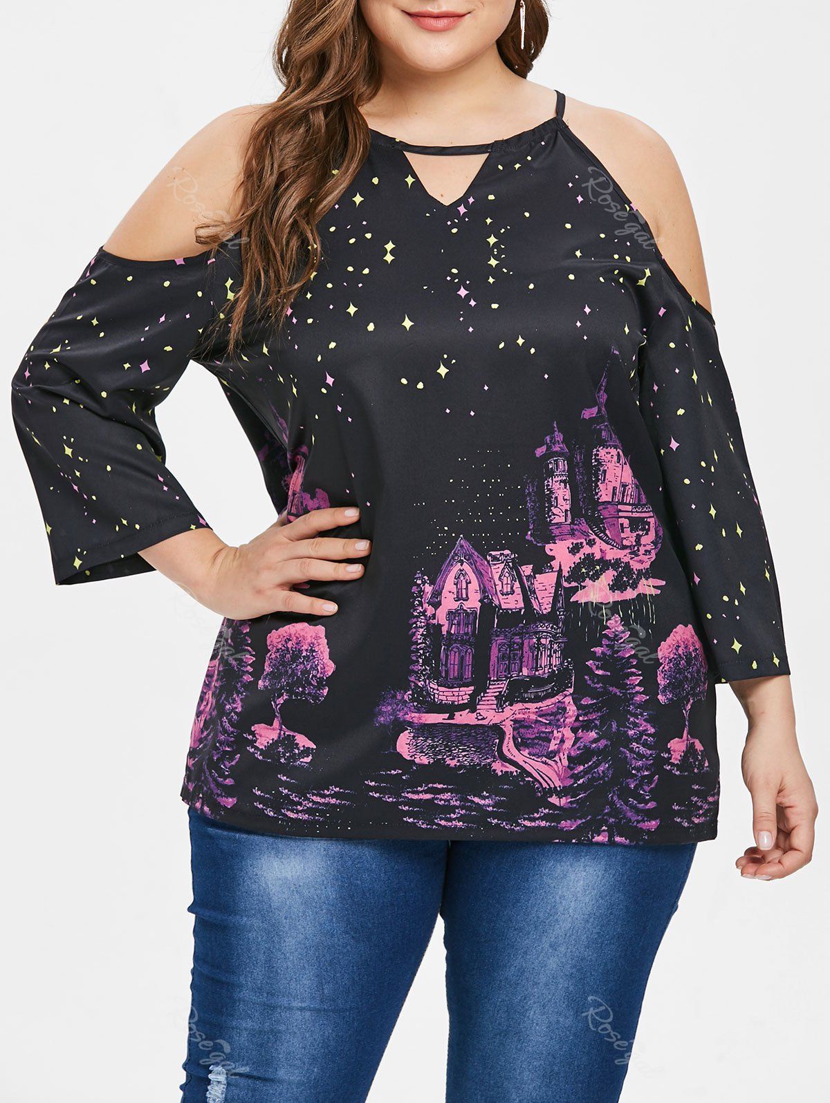 

Open Shoulder Castle and Star Pattern Plus Size Blouse, Black