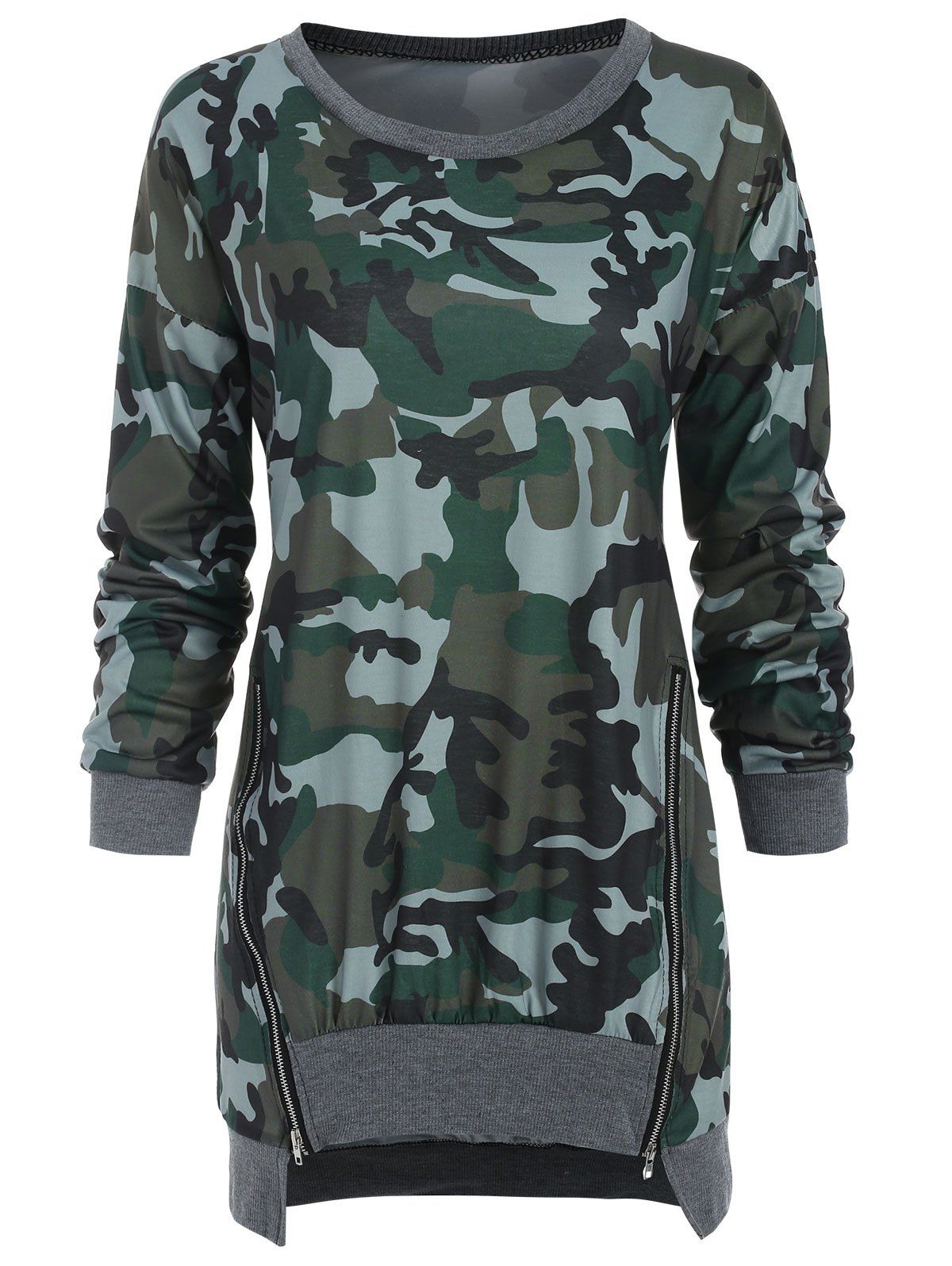 

Camouflage Print Zip Slit Sweatshirt, Woodland camouflage
