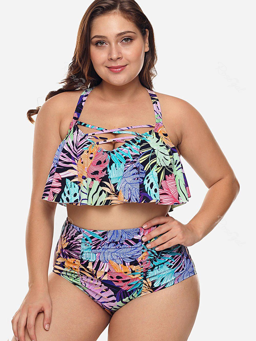 

Criss Cross Plus Size Leaf Print Bikini Set, Multi