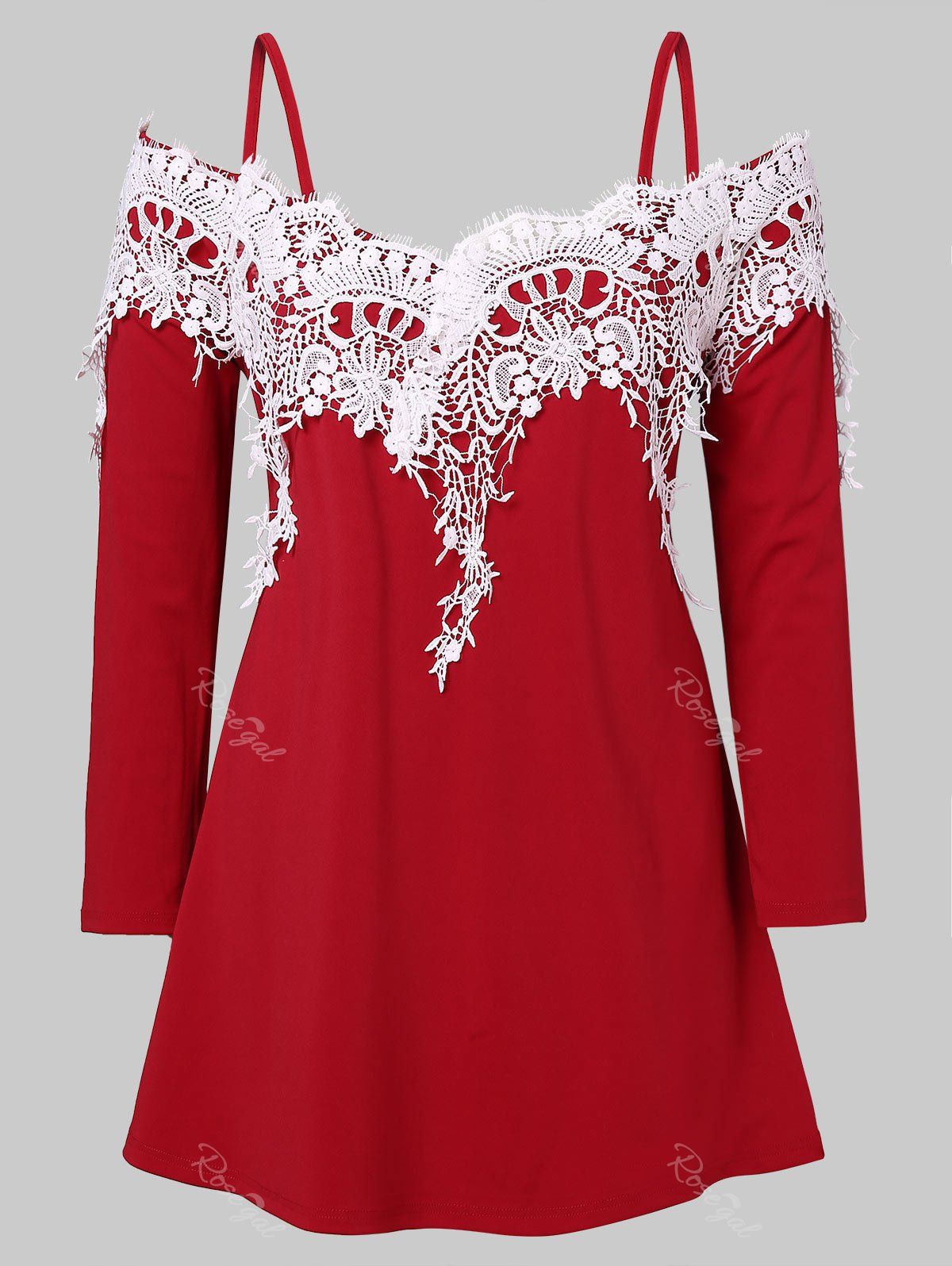 

Lace Panel Plus Size Long Sleeve T-shirt, Red wine