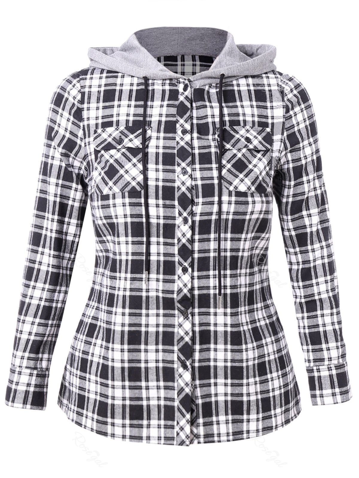 Shop Plus Size Plaid Hooded Shirt with Pockets  
