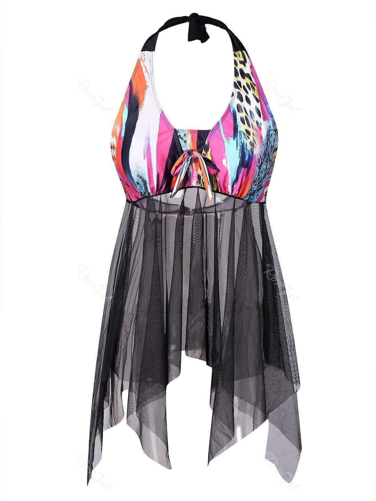 

Plus Size Bowknot Mesh Insert Tankini Set, Multi