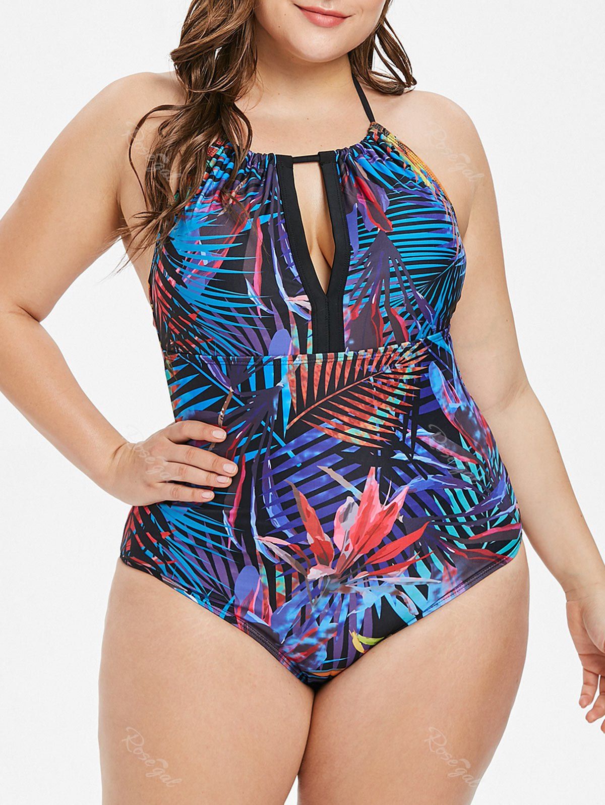 

Plus Size Tropical Print Cut Out Halter Swimsuit, Multi
