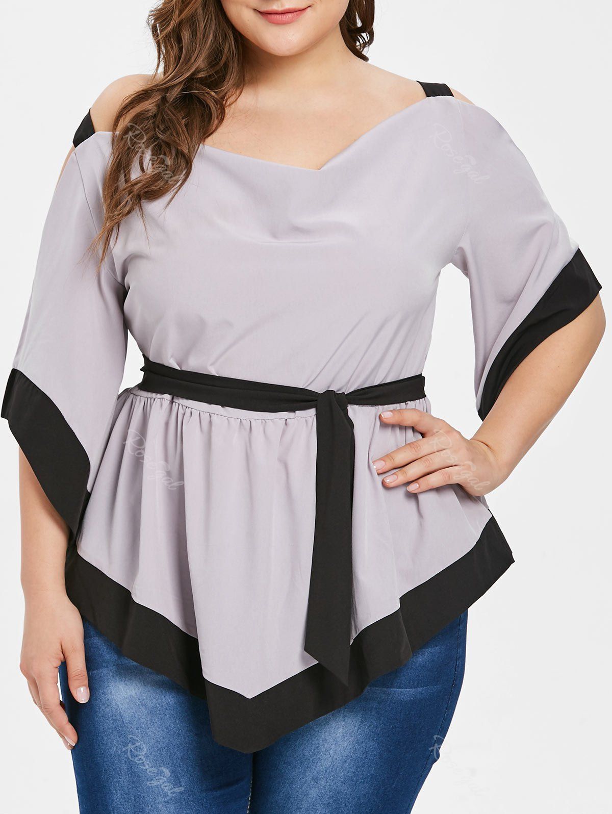 

Two Tone Plus Size Belted Open Shoulder Blouse, Gray goose