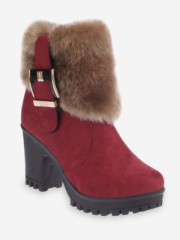 

Buckle Faux Fur Decor Mid Calf Boots, Red
