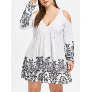 

Plus Size Plunge Open Shoulder Tribal Print Mini Dress, Multi